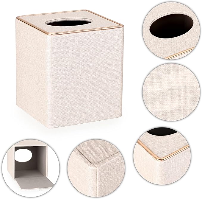 Sumnacon Square Linen Tissue Box Cover - Stylish Cube Tissue Box Holder with Magnetic Bottom, Decorative Tissue Box for Vanity Toilet Tank Dresser Night Stand Table Countertop Office Car, Beige