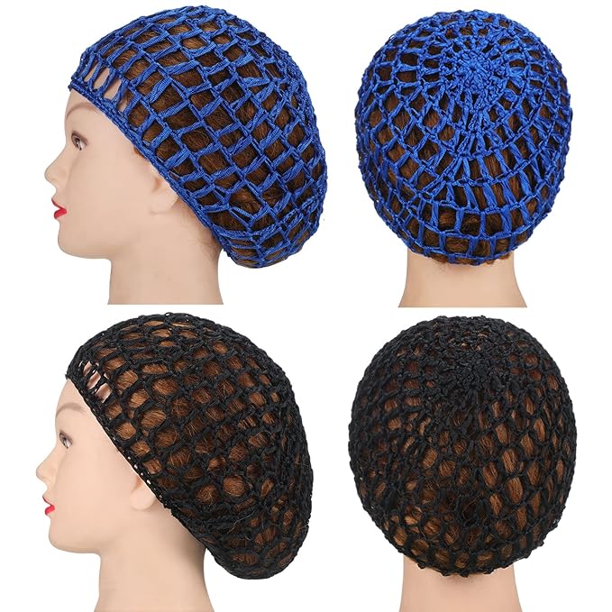 Geyoga 4 Pieces Mesh Crochet Hair Net Rayon Knit Snood Hat Thick Short Women Hairnet Snoods Cover Ornament for Sleeping (Black, Blue)