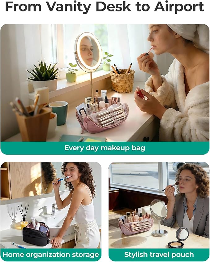 BAGSMART Travel Makeup Bag for Women, Portable Fold-down Cosmetic Case, Puffy Padded Make Up Organizer Pouch, Water-resistant Toiletry Bag for Toiletries, Brushes (Khaki Brown checkered Print)