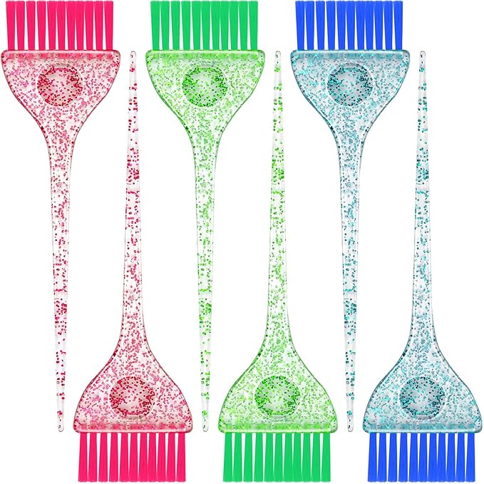 6 Pieces Hair Color Brush Set with Glitter Handles for Highlighting, Tint and Coloring Hair Sections Multicolor Glitter Dye Brush Salon Home Dyeing Coloring DIY, 3 Colors