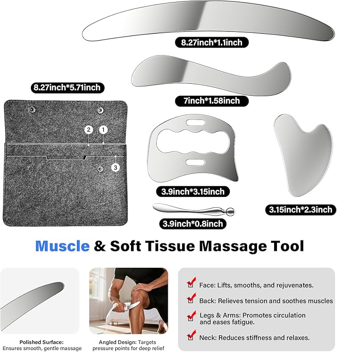 Stainless Steel Muscle Scraper Gua Sha Kit and Derma Edge Scraping Tools for Physical Therapy, Deep Tissue Guasha Massage Tool for Body and Face Relaxation (Grey-5pcs)