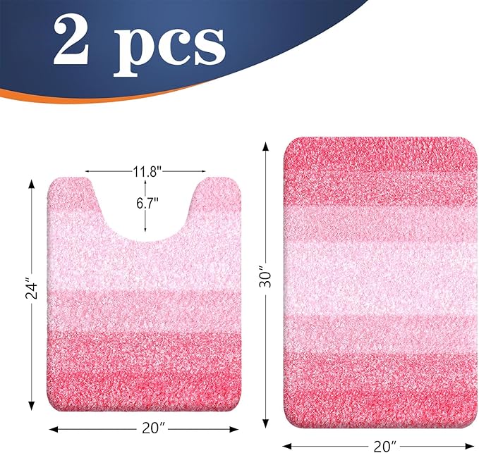 OLANLY Bathroom Rug Set 2 Piece, Soft Absorbent Microfiber Bath Mats and U-Shaped Contour Toilet Rug, Non-Slip, Machine Wash Dry, Plush Shaggy Bath Mats for Bathroom (30"x20"+24"x20", Pink)