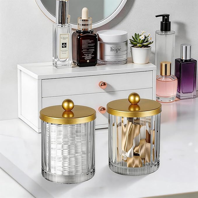 Amolliar Qtip Holder Dispenser for Bathroom, Clear Glass Canister Apothecary Jar for Cotton Swabs, Cotton Balls, Makeup Pads, Floss Picks, Container for Countertop Vanity Storage Organizer,Gold 2 Pack