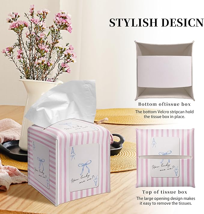 Grace Yonks Cute Tissue Box Cover Square - Ace of Hearts-Inspired Bow Design 5.2" PU Leather Holder for Vanity, Desk, or Bathroom Counter - Cube Case for Facial Tissues(003)