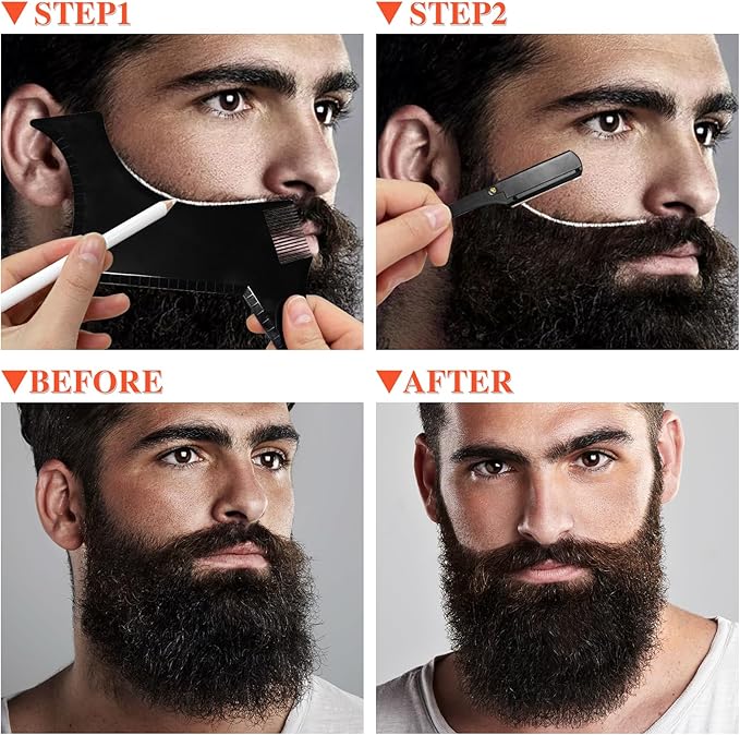 Beard Shaper for Men Beard Shaping Tools - Gifts for Men Beard Template Guide, Straight Edge Razor, 10 PCS Double Edge Blade, Barber Pencil, Beard Comb, Stainless Steel Scissor Mustache Lineup Tools
