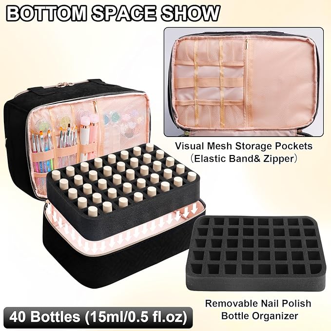 Nail Polish Organizer Bag Holds 80 Bottles (15ml/0.5fl.oz)& Nail Lamp, Soft Velvet Nail Kit Storage Carrying Case with Shoulder Strap, Double Layer Nail Supplies Organizer Handbag Women Black