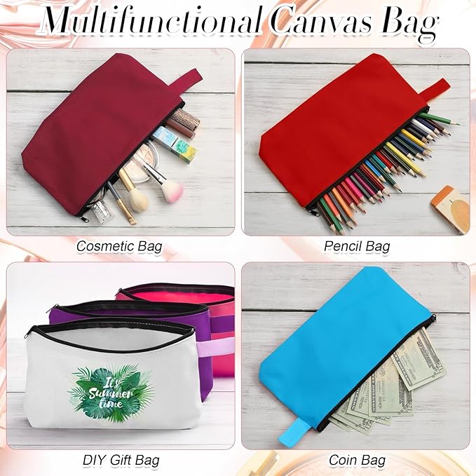 Reginary 60 Pcs Multicolor 60 Pieces Canvas Makeup Bags Bulk Portable Travel Cosmetic Pouch Multipurpose Blank Toiletry Bag with Zipper for Women DIY Craft (8.6 x 5 x 2 Inch)