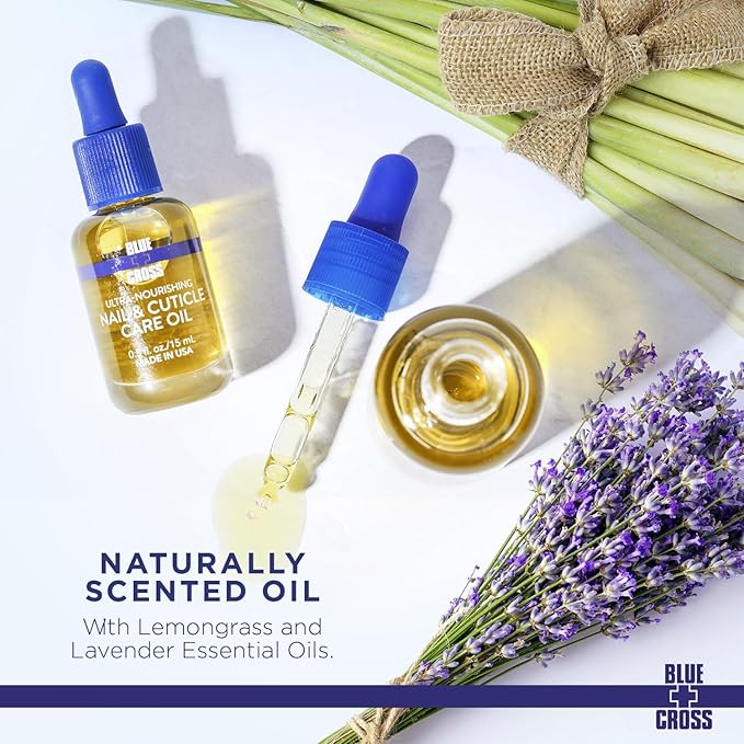 Blue Cross Nail & Cuticle Care Oil, Mineral Oil Free, Hydrating, Moisturizing, All Natural Professional Nail + Cuticle Care, Lemongrass/Lavender Scented Essential Oils, Made in USA, 16fl oz/473mL