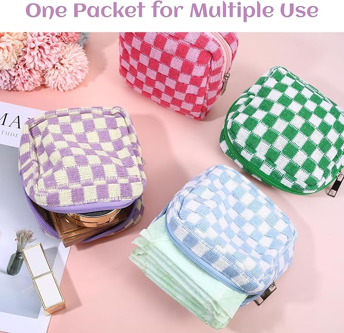 4Pcs Sanitary Napkin Storage Bag, Portable Period Bag for Teen Girls Woman, Pad Pouch Tampon for Purse, Reusable Zipper Period Pouches for Teen School Office Travel Feminine Care Organizer, Plaid