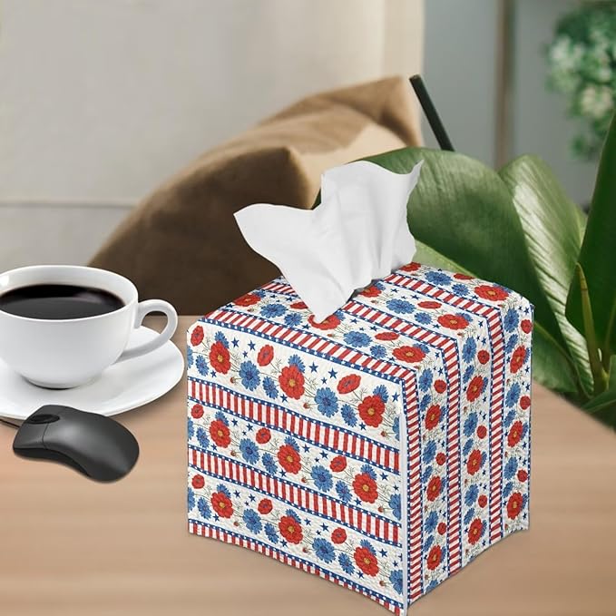 American Flower Tissue Box Holder Square PU Leather Tissue Organizer Case with Metal Button Waterproof Napkin Holder for Home Office Car Automotive Decor