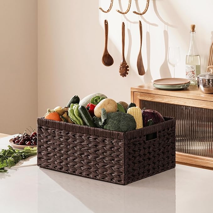 UBBCARE Storage Baskets with Label, Wicker Pantry Baskets for Shelves, Waterproof Woven Basket for Organizing, 2-Pack Plastic Rectangle Organizers with Handles, Dark Brown (16.5L×13W×7.5H)