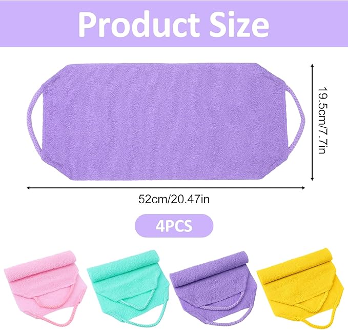 4PCS Exfoliating Back Scrubber with Handles, Nylon Double-Sided Exfoliator Extended Length Stretchable Body Exfoliating Washcloth Pull Strap Back Washer for Women Men(B)
