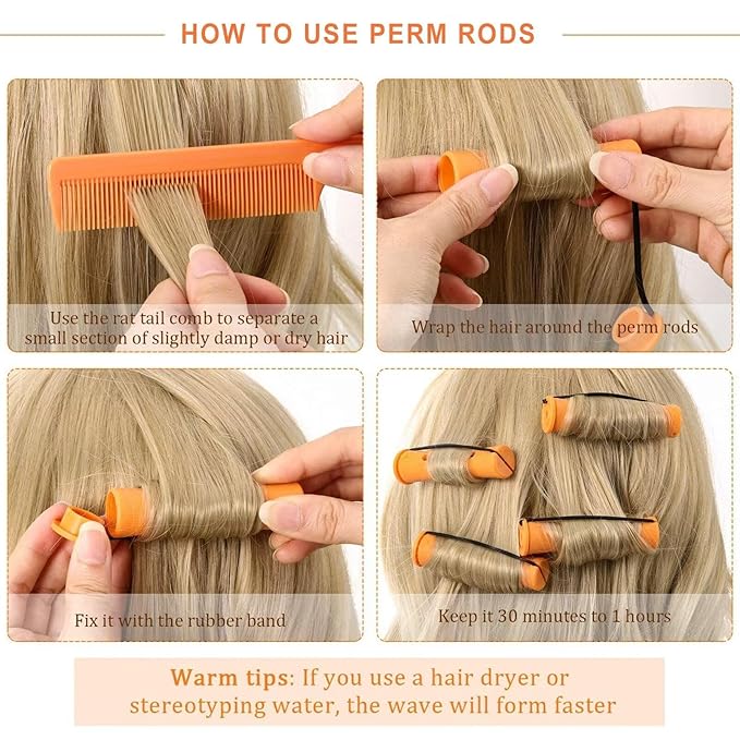 30Pcs Hair Perm Rods Set, 3 Sizes Plastic Hair Cold Wave Rods, Heatless Perming Rods Hair Curlers for Long Short Natural Hair DIY Hairdressing Styling Tools(Purple+Yellow+Orange)
