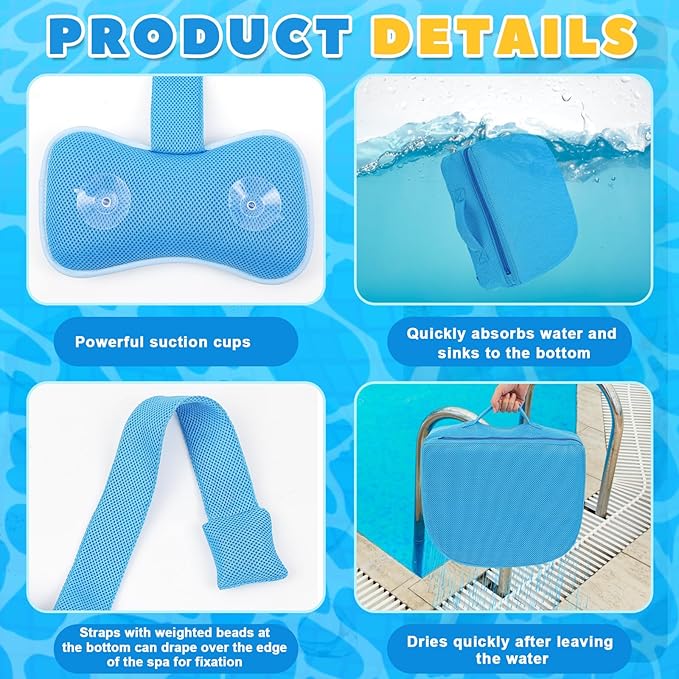 Yerliker 2 Pcs Foldable Hot Tub Booster Seat with Bath Pillow, Inflatable Adjustable Height Spa Cushion with Suction Cups, Weighted Marbles, Extra Thick Bathtub Seat with Back Support