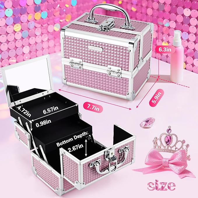 Joligrace Makeup Case Portable Makeup Box Travel Train Case Cosmetic Case Organizer with 2 trays Mirror Locking Make Up Storage Vanity Craft Nail Case Traveling Cosmetic Box for Girls Pink