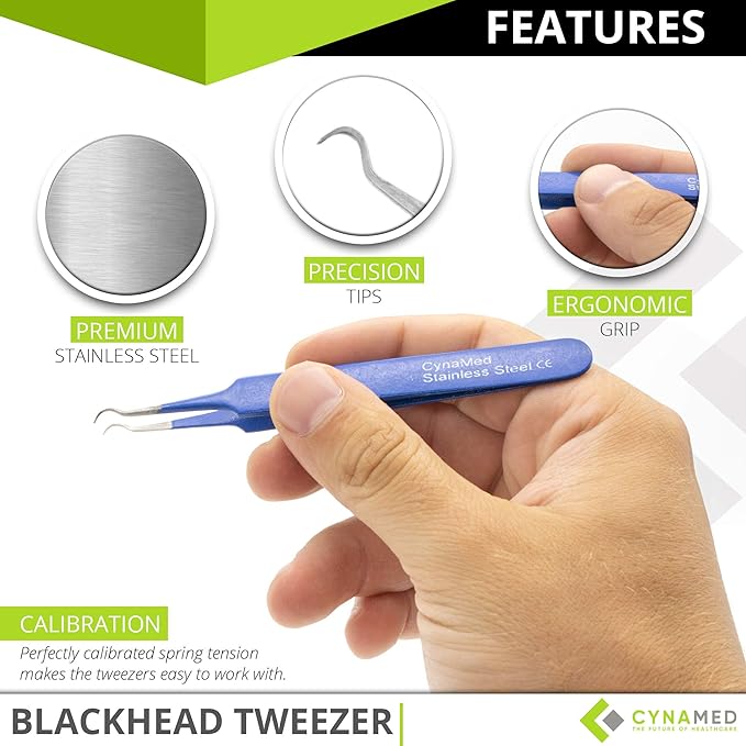 Blackhead Tweezer - Professional Curved Steel Tip Surgical Comedone & Splinter Extractor. Ideal Blemish & Acne Remover Tool Means Flawless Facial Skin (Blue)