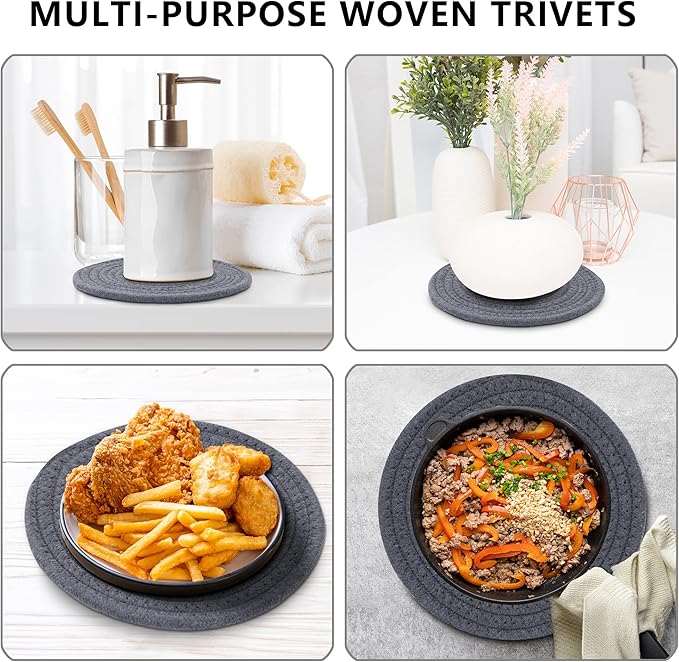 Coga Trivets for Dishes, Pots and Pans, 7 Inch Hot Pads (4 Pcs) with Storage Basket for Countertops, Cotton Table Protector Hot Mats Heat Resistant (Grey)