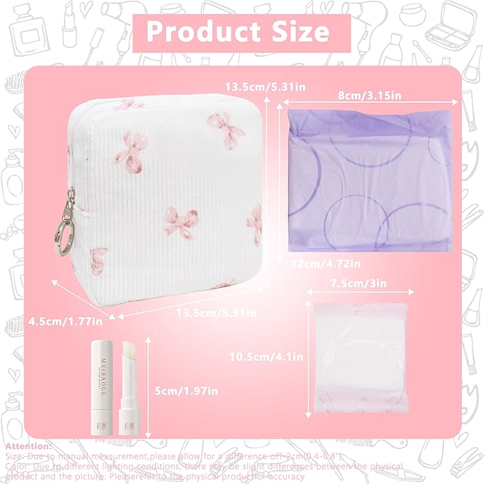 Period Bag for Girls, Corduroy Sanitary Napkin Storage Bag, Period Pouch & Tampon Holder, Feminine Care Organizer（Pink Bow）