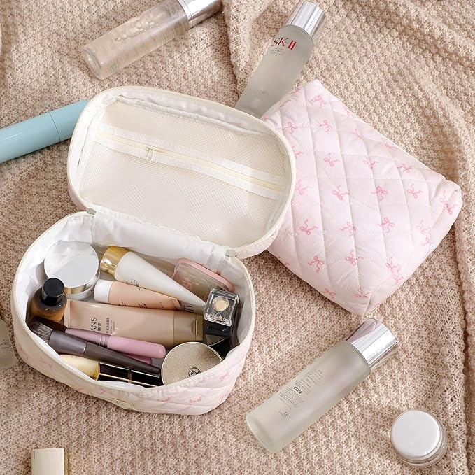 uekeboag 3Pcs Quilted Cotton Makeup Bag,Coquette Quilted Toiletry Bag for Women and Girls,Floral Coquette Pouch,Cute Kawaii Travel Cosmetic Bags(3Pcs Small Bow)
