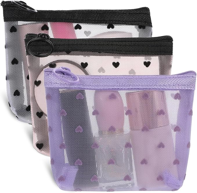 3Pcs Mini Cosmetic Bags, Heart Print Mesh Zipper Bags, Lipstick Accessories Organizer, Makeup Bag for Women, Small Purse Bag (White, Pink, Purple)