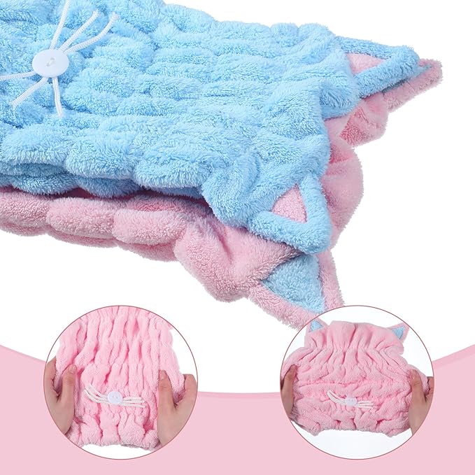 2Pcs Microfiber Hair Towel Wrap, Microfiber Hair Drying Towel Wraps with Cute Kitty Ears, Hairs Drying Caps, Ultra Absorbent Quick-Dry Turban Caps for Women & Girls (Pink & Blue 10.6" L x 9" W)