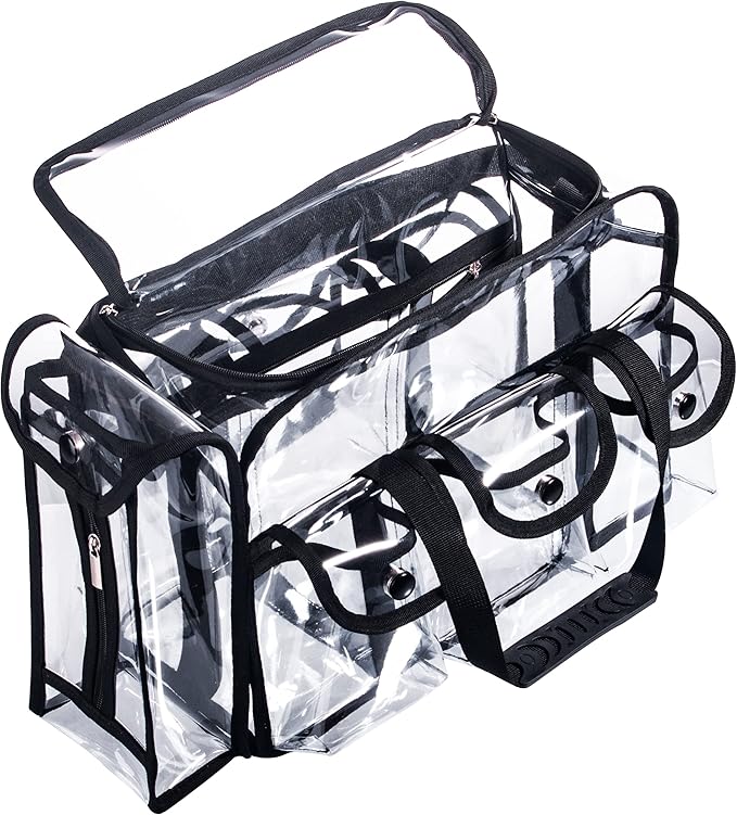 Wide Open Large Professional Clear PVC Travel Makeup Artist Set Bag Cosmetic Nails Beauty Bags Transparent Vinyl Tool Organizer Beach Bags Diaper Bag with 6 External Pockets & Strap (Black)