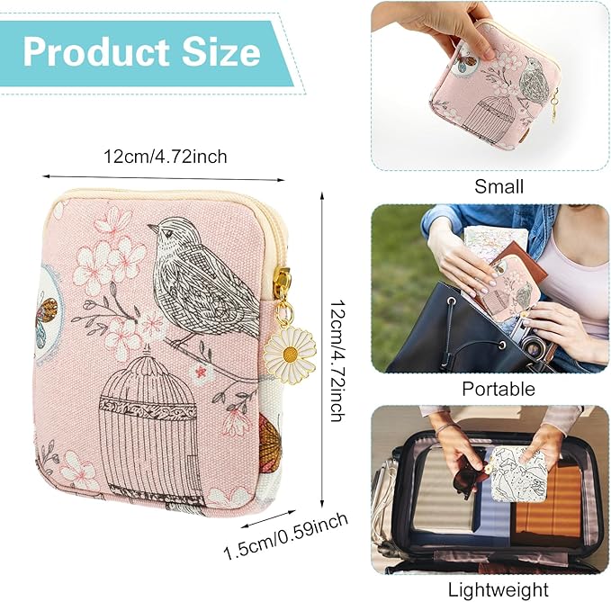 Amabro Sanitary Napkin Storage Bag, 2PCS Period Bags Cute Sanitary Pad Storage Pouch Tampon Pantyliners Menstrual Purse Daisy Zipper for Women Teen Girls School Travel Feminine Product(Bird)