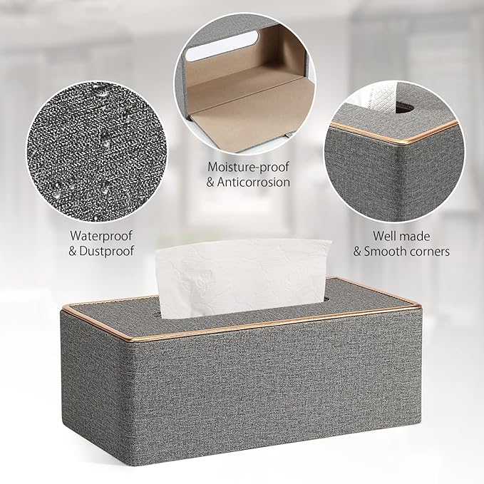 Tissue Box Cover, PU Leather Tissue Box Holder Rectangular Box Covers for Home/Office/Car Decoration 9.84"X5.23"X3.77" - Grey