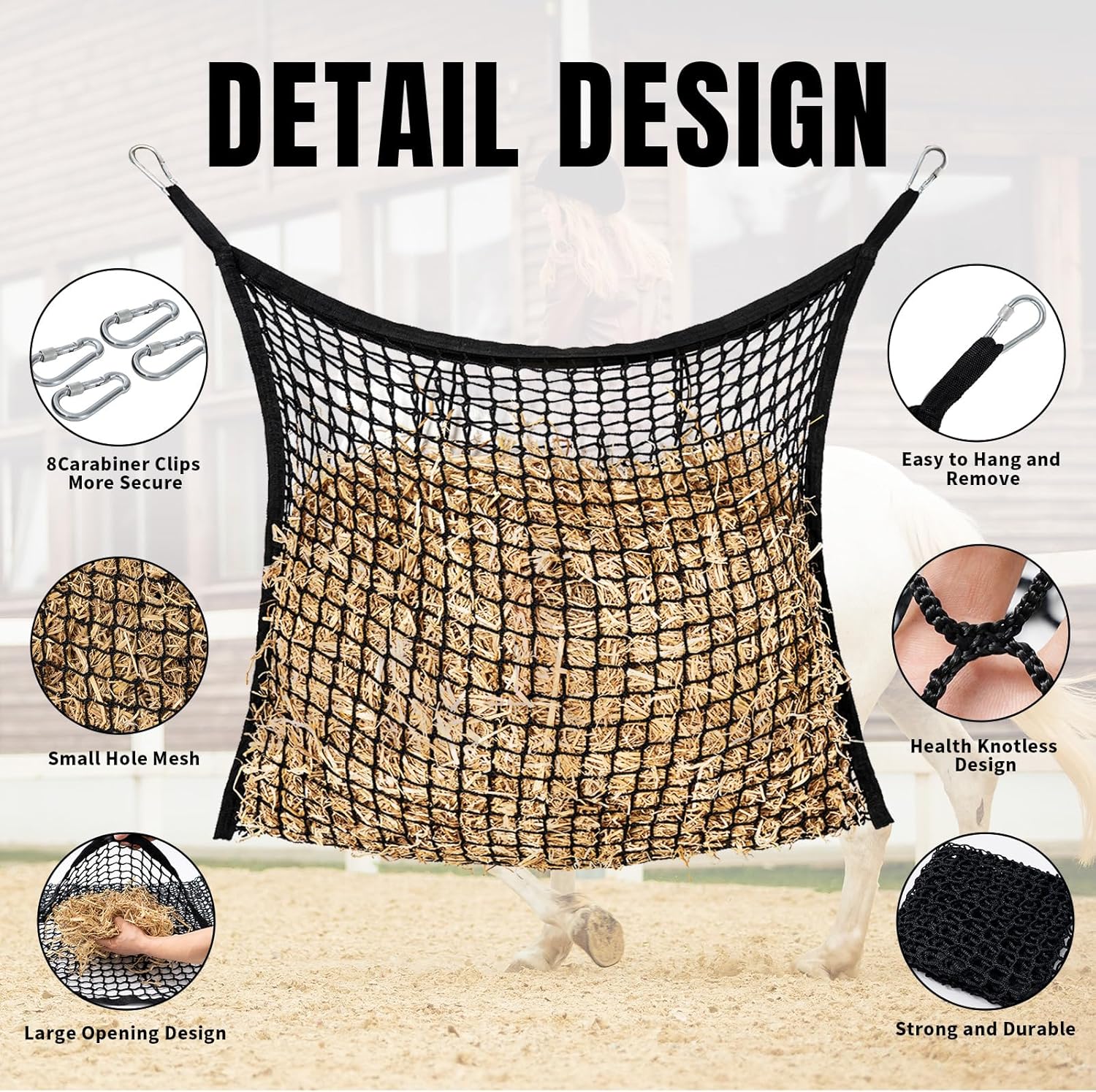 4 PCS Slow Feed Hay Net for Horses, Large Capacity Hay Bags for Horses Goats Sheep Donkey Trailer Full Day Feeding, Easy to Fill and Hang, Black, 35 x 31 Inch