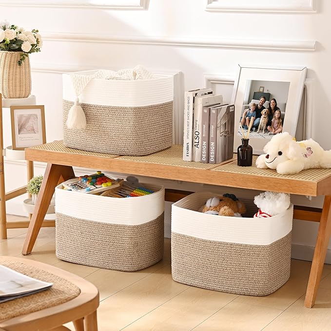 3 Pack Cube Storage Bin, 17”x12”x12” Cotton Rope Woven Baskets for Organizing Toys Clothes Towels, Square Gift Storage Baskets for Shelf, Nursery, Closet, Bathroom, Pantry (White & Jute)