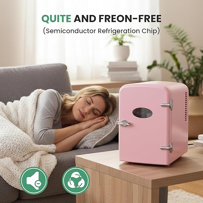 YSSOA 4L Mini Fridge with Observation Window, Portable Warmer & Cooler Six 12oz Cans Compact Refrigerator, 100% Eco Friendly and Freon-Free, Pink