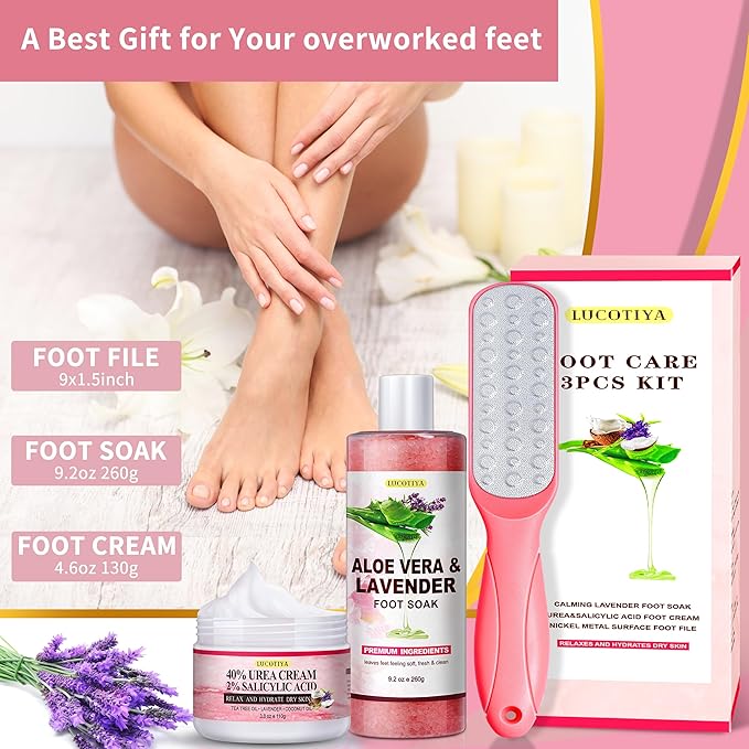 LUCOTIYA Pedicure Kit Foot Spa Soak Set Callus/Cuticle Remover File, Dead Skin Urea Cream for Feet Aloe Lavender Pedicure Supplies for Dry Cracked Feet for Women Men ﻿