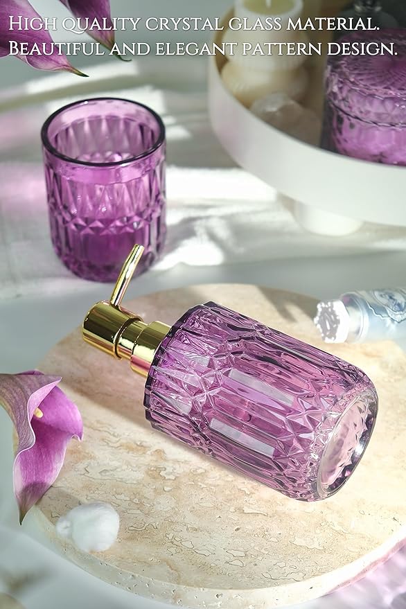 Purple Bathroom Accessories Set, 5Pcs Clear Glass Bathroom Decor Set, Soap Dispenser, Toothbrush Holder Set, Soap Dish, Qtip Holder, Tumbler for Vintage Crystal Bathroom Decor, Gift Set