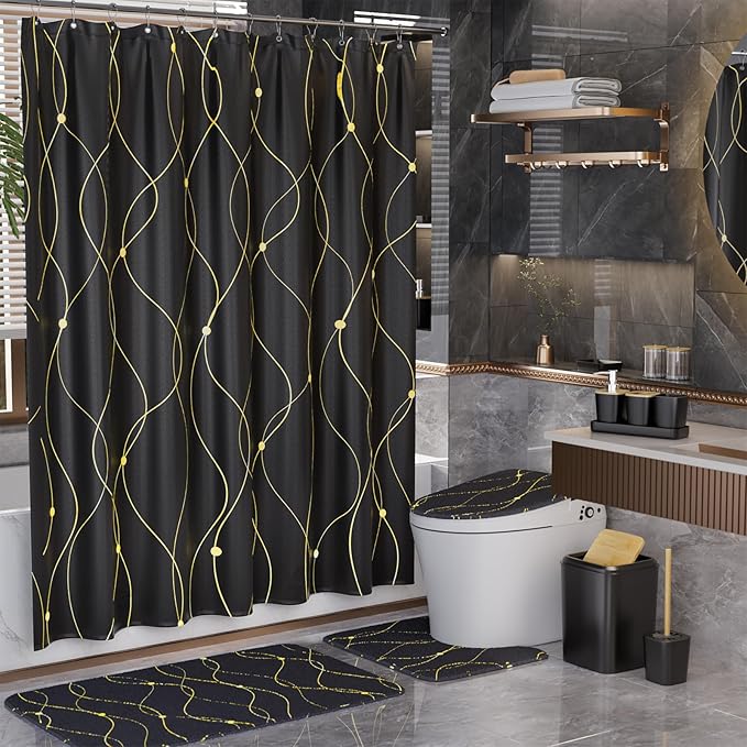 Black and Gold Bathroom Accessories Set - 24PCS with Shower Curtain, Rugs, and Waterproof Curtain Set