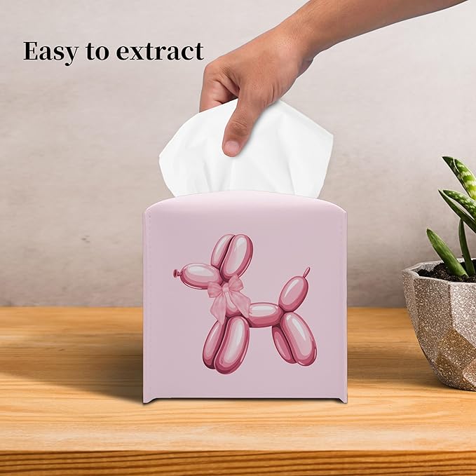 Grace Yonks Cute Tissue Box Cover Square - Pink Balloon Dog & Bow Design 5.2" PU Leather Holder for Vanity, Desk, or Bathroom Counter - Cube Case for Facial Tissues(011)