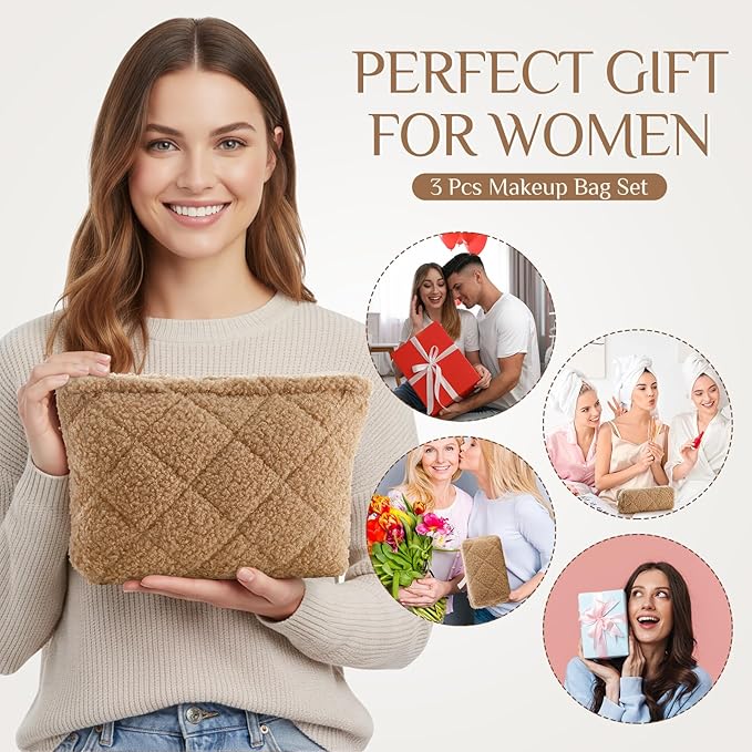 Paterr 3 Pcs Quilted Makeup Bag Set Small Bridesmaid Cosmetic Bag Aesthetic Travel Toiletry Pouch Cute Purse Pencil Case Makeup Storage Organizer for Women Birthday Gifts(Fuzzy,Khaki)