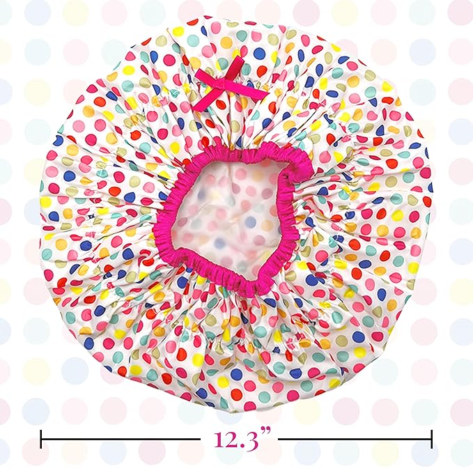 Reusable Bath & Shower Cap Lined, Oversized Waterproof Shower Caps Large Designed for all Hair Lengths with PEVA Lining & Elastic Band Stretch Hem Hair Hat - Fashionista Deco Dots