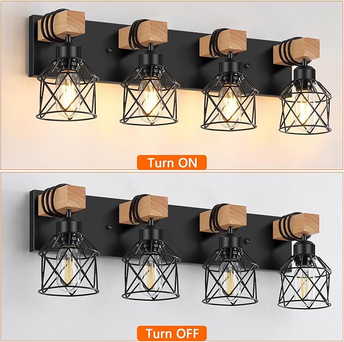 FadimiKoo 4-Light Rustic Style Wood Bathroom Vanity Light Fixtures, Black Bathroom Lighting with Cage Metal Shade, Farmhouse Wall Sconces for Hallway, Bedroom, Dressing Table