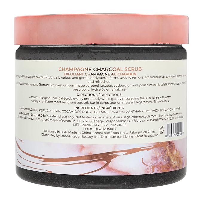 Manna Kadar Beauty Champagne Charcoal Scrub, 18.34 Oz - Detoxify, Exfoliate, Hydrate, Moisturize, Restore Skin, Gentle Body Scrubs, Leaves Skin Polished, Hydrated, & Refreshed, Buff Away Dead Skin