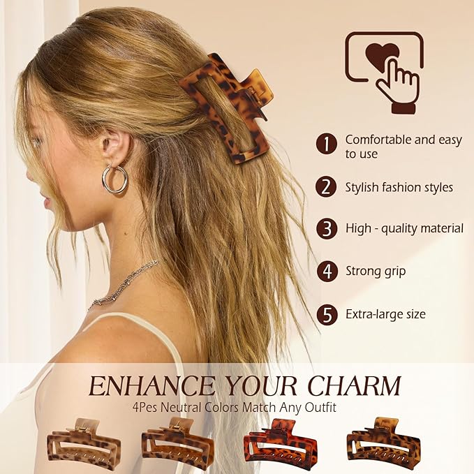 4 PCS 5 Inch Extra Large Claw Clips for Women, Tortoise Shell Jumbo Claw Clips for Thick Long Curly Hair, Oversized Matte Non-slip Rectangle, Durable Strong Hold Hair Clip,Non-slip Square Jaw Clip