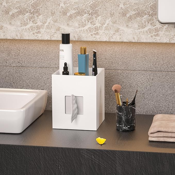 White Acrylic Tissue Box Cover with Storage Tray,Square Acrylic Tissue Box Holder Napkin Dispenser for Bathroom Kitchen Home Office(White, 5.5x5.5x6.7)