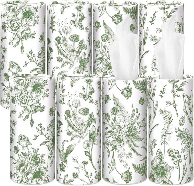 Zonon 8 Pcs Car Tissues Holder Sage Green Floral Round Box with Facial Tissue Bulk Flower Car Tissues Cylinder with 50 Sheets Face Towel Fit for Fall Cube Box Vintage Round Tubes Cup Holder Container