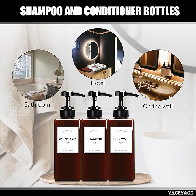 Shampoo and Conditioner Dispenser for Shower, 22oz Set of 3 Refillable Shower Bottles Pump, Shampoo Dispenser Bottles for Bathroom, Kitchen