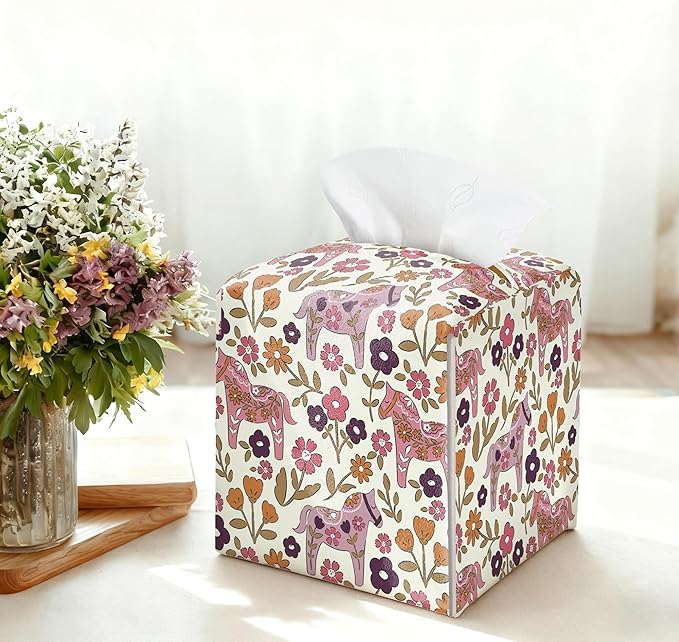 Vintage Floral Horse Tissue Box Cover, Square PU Leather Tissue Holder, Rustic Boho Religious Decor for Bedroom, Bathroom & Living Room, Unique Farmhouse Tissue Box Cover for Home Decor