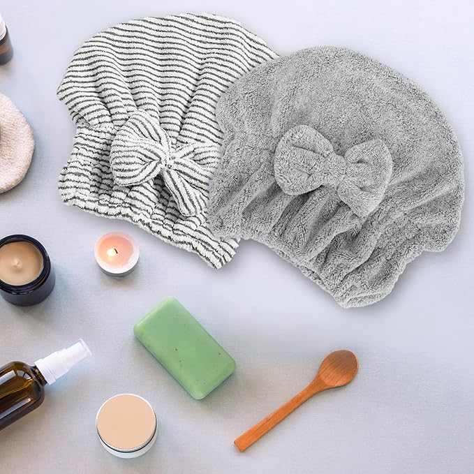 2 Pack Microfiber Hair Towel Cap, Quick Drying Cap Soft Absorbent Towel and 2 Combs for Curly Long Thick Dry or Wet Hair (Stripe and Gray)