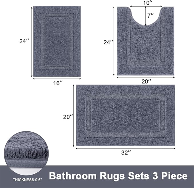 SHACOS Grey Bathroom Rugs Sets 3 Piece, 16"x24" + 20"x32" Non Slip Bath Mat and 20"x24" Toilet Rugs U Shaped Washable, Soft Fluffy Water Absorbent Bath Rugs for Bathroom