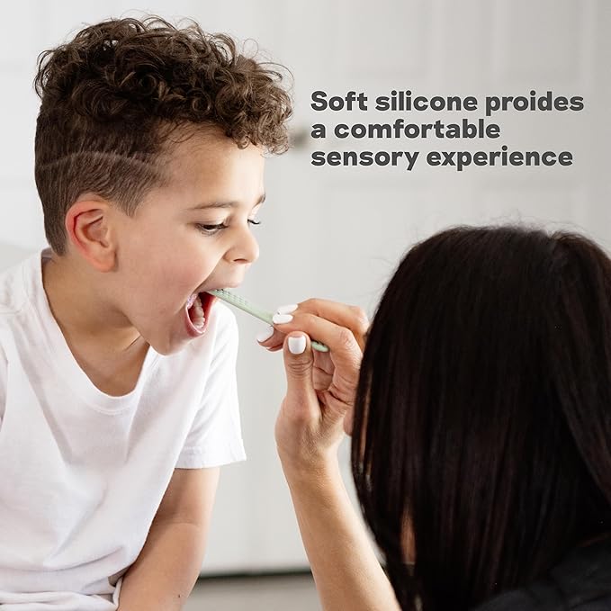 ezpz Sensory Tongue Depressors - All Ages (2 Pack in Sage/Pewter) - Silicone/Stainless Steel Tongue Depressor for Visibility Into The Mouth + Healthy Oral Care Routine