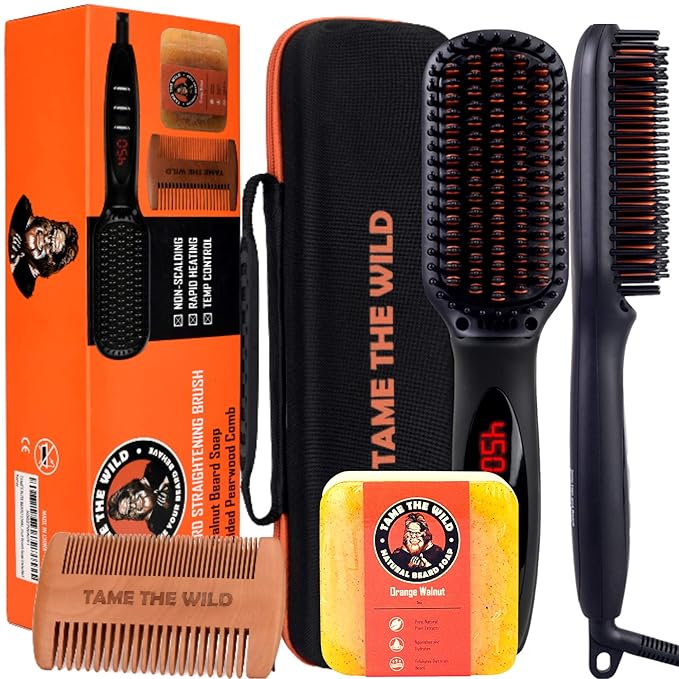 Beard Straightener for Men Kit - Includes Portable Heated Beard Brush, Beard Soap, Pearwood Comb, & Storage Case
