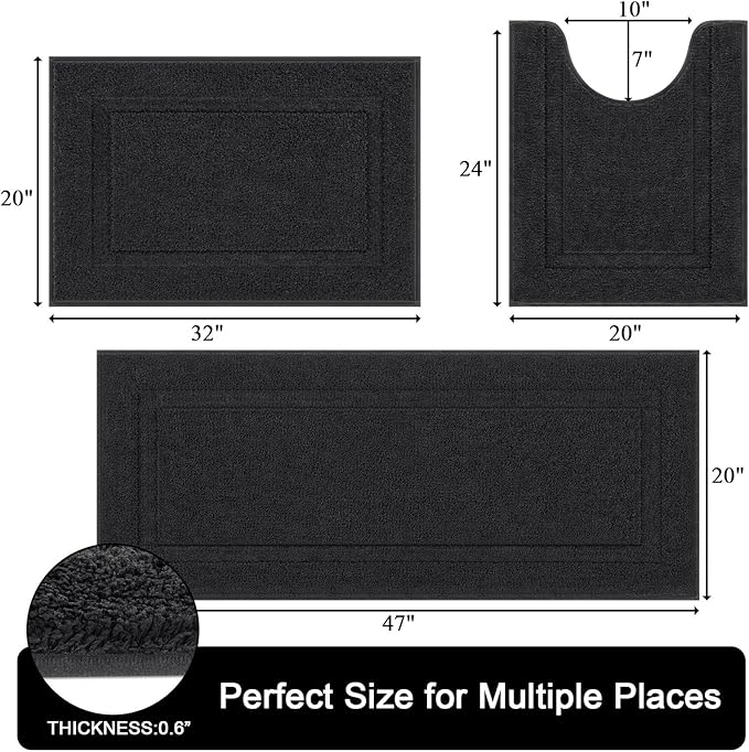 SHACOS Black Bathroom Rugs Sets 3 Piece, 20"x32" + 20"x47" Non Slip Bath Mat and 20"x24" Toilet Rugs U Shaped Washable, Soft Fluffy Water Absorbent Bathroom Floor Mat