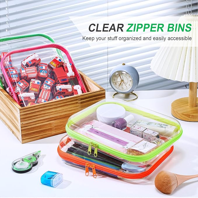 Hoolerry 4 Pcs Hard Clear Zipper Case Makeup Bags Plastic Zipper Pouch Transparent Storage Box Containers for Cosmetics, Snacks, Building Blocks, Puzzles(Clear,9.8 x 7.9 x 2 in,Fluorescent)